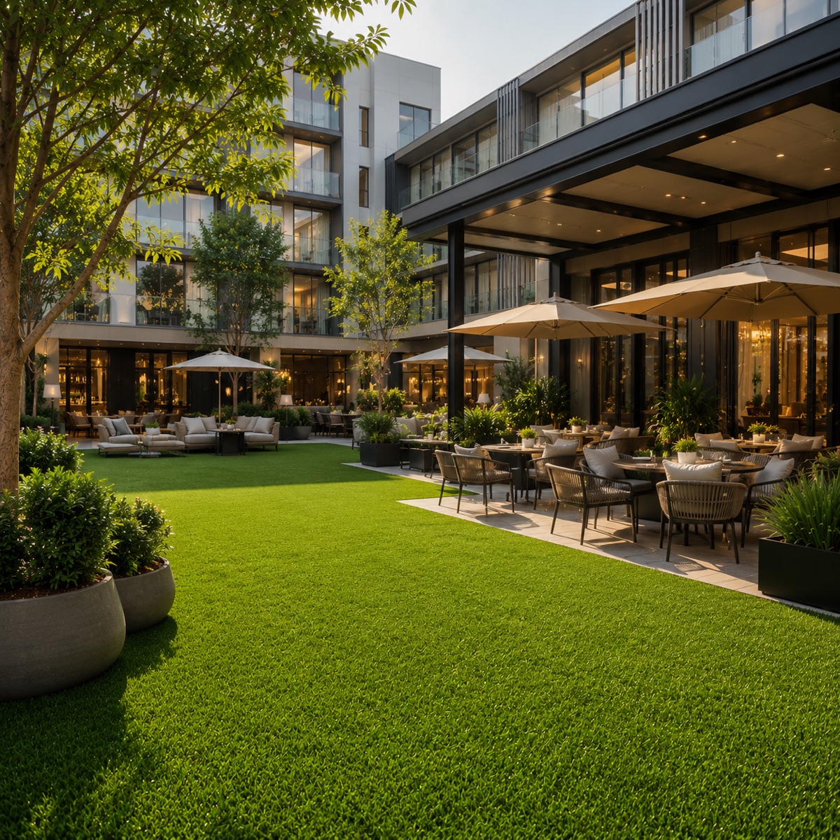 A hospitality terrace surfaced with synthetic turf